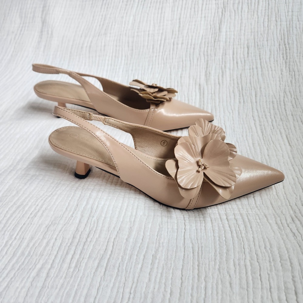 COUTGO Nude Floral Applique Slingback Kitten Heels, Womens Size 6 Coquette, chic